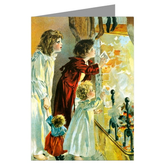 Victorian Christmas Children Sending Santa Wishes up Fireplace Flue Vintage Greeting Cards Boxed Set