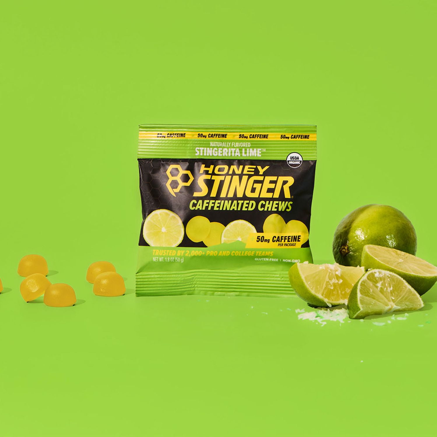 Honey Stinger Organic Gluten-Free Caffeinated Energy Chews, Stingerita Lime, 1.8 oz, 12 Count Box