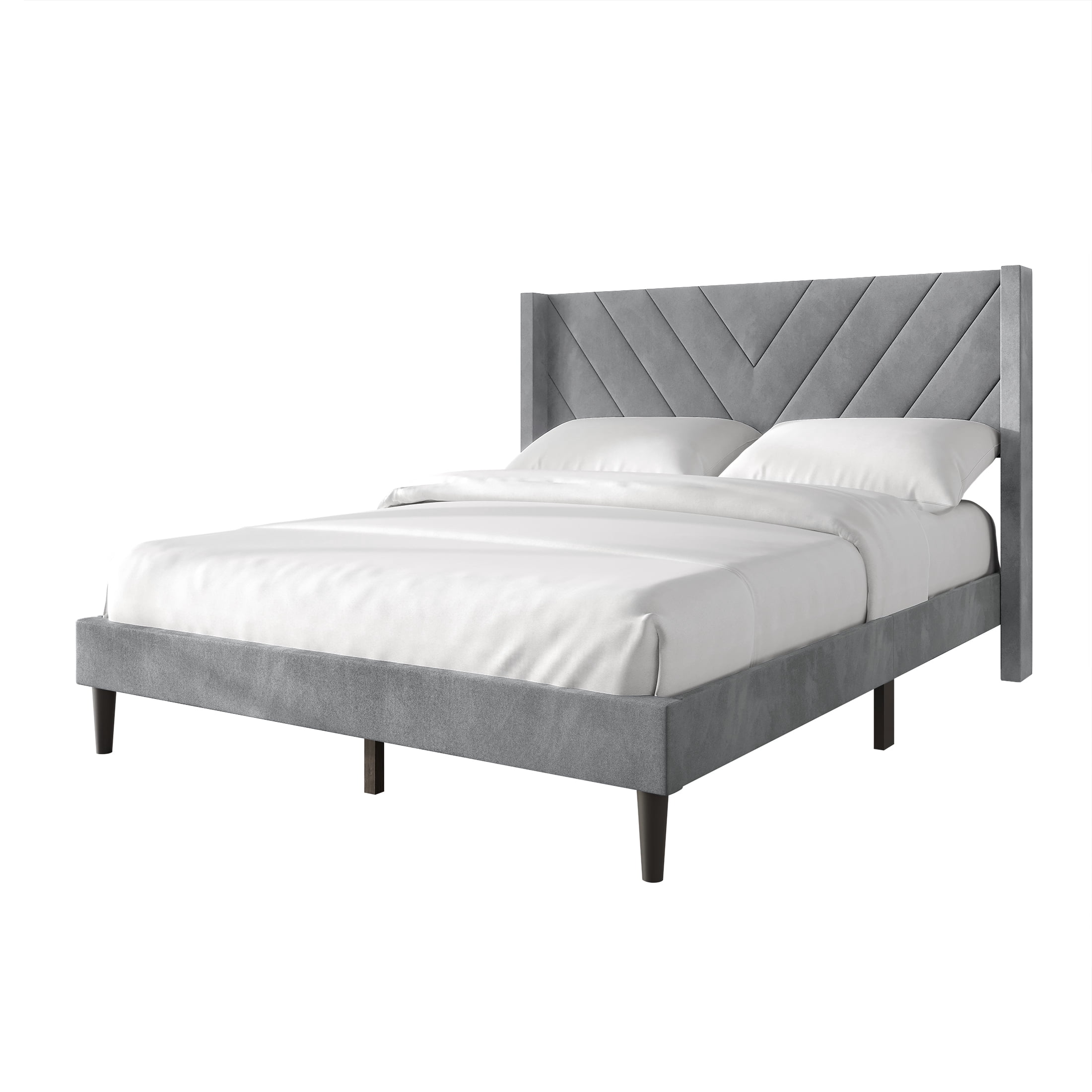 Castle Place Sophisticated Wingback Velvet Upholstered Queen Platform Bed, Light Grey