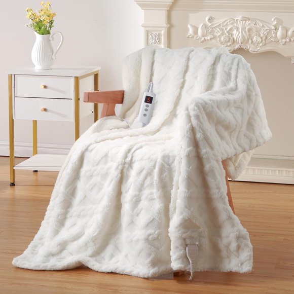 JoanKaren 50"×60" Heated Blanket Electric Throw with10 Heating Levels & 10 Hours Timer,Thick Tufted Sherpa,White
