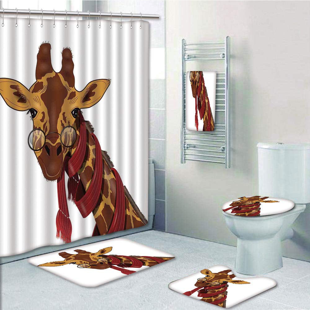Giraffe with Glasses Shower Curtain Toilet Cover Rug Mat Contour Rug Set