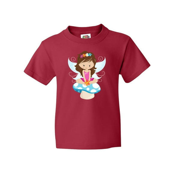 Inktastic Cute Fairy, Brown Hair, Fairy Sitting On Mushroom Youth T-Shirt