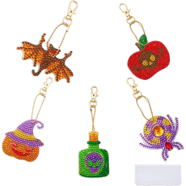 1 caja de 5 juegos de llaveros con pintura de diamantes para principiantes, kit de pintura de calabaza, araña y murciélago con diamantes de imitación