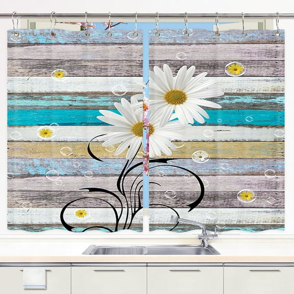 Rustic Farmhouse Kitchen Curtains, Farm Teal Daisy Floral Flowers on Country Wooden Kitchen Curtain, Turquoise Blue Kitchen Curtains Window Drape Treatment Fabric 2 Panels 27.5 x 39 Inch