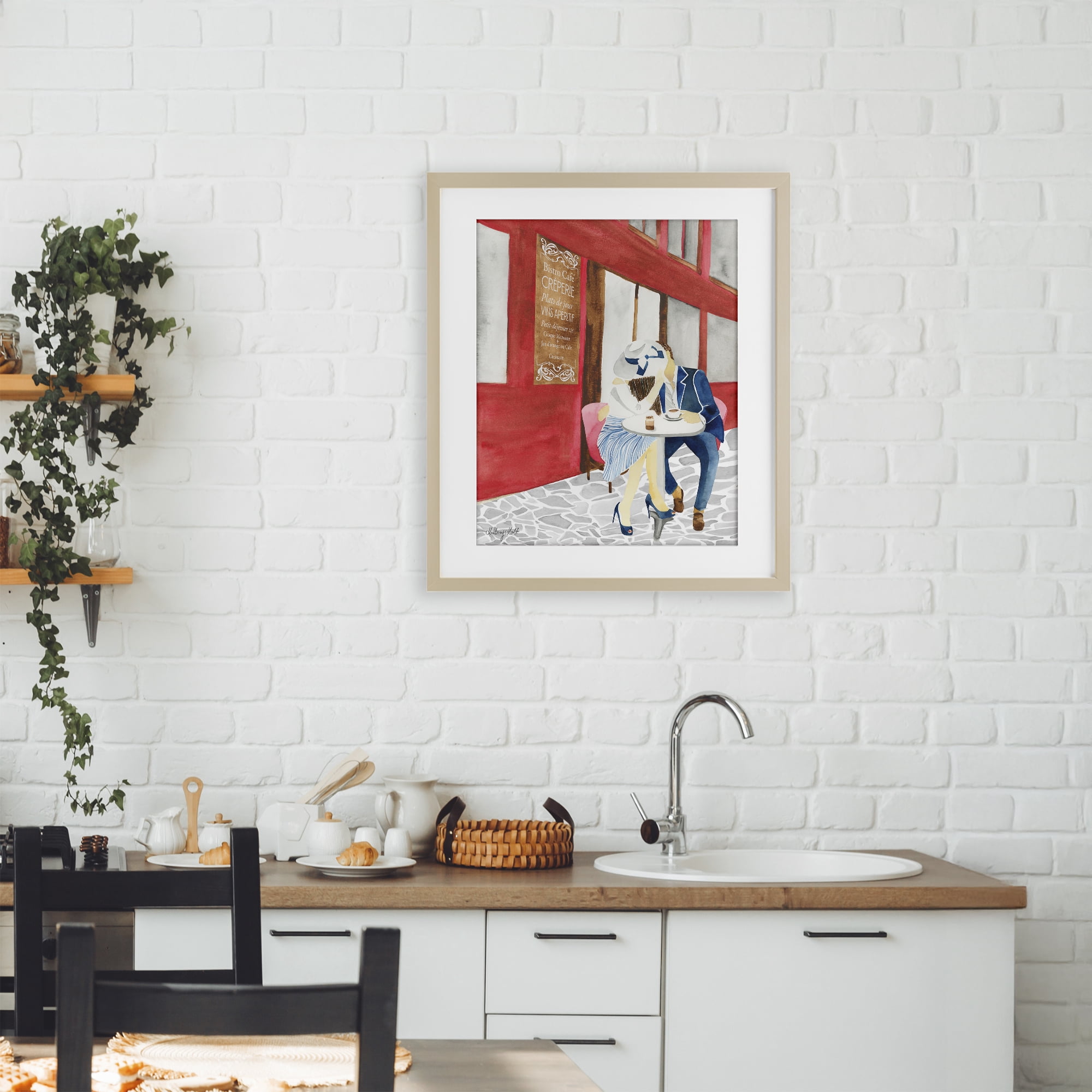 Stupell Industries Kiss At Parisian Cafe Birch Framed Print Under Glass, design by Hillary Holt