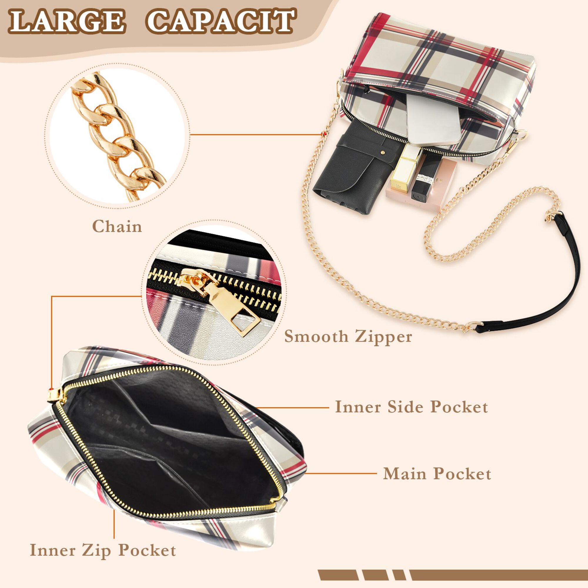 FORMRS Women Crossbody Purse with Chain Strap Vegan Leather Shoulder Handbag, Red Tartan