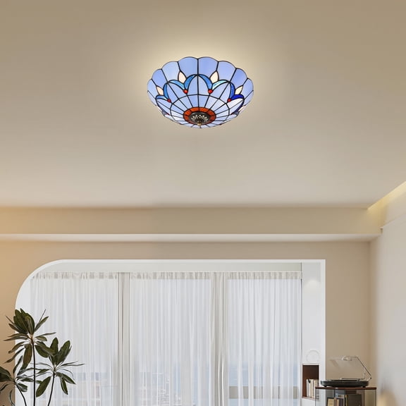 Retro Ceiling Light with Umbrella-shaped Glass Lampshade, Ceiling Lamp Light Fixture, Two Lamp Sockets