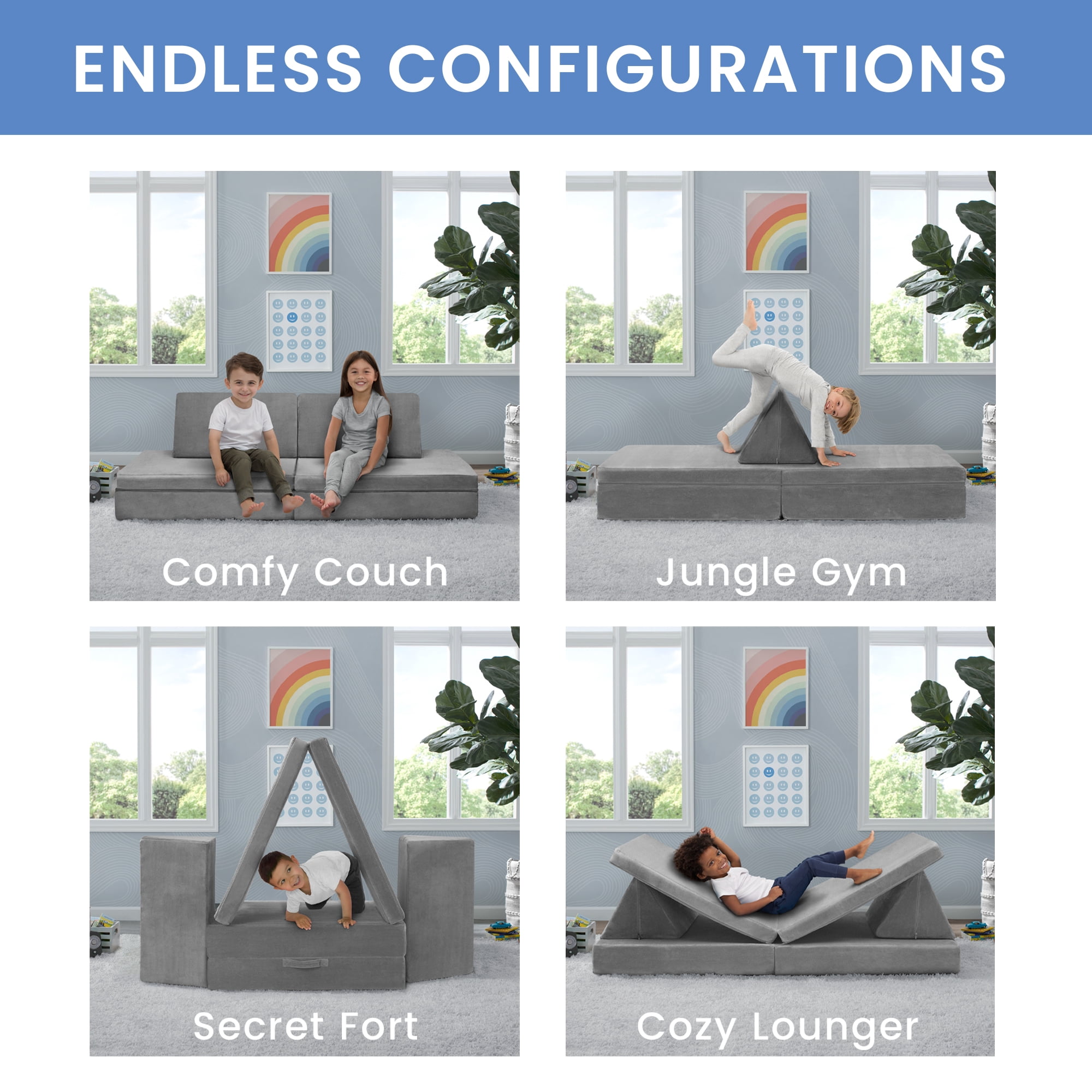Delta Children Cozee 4-Piece Lounger and Play Set Sofa/Couch, Grey