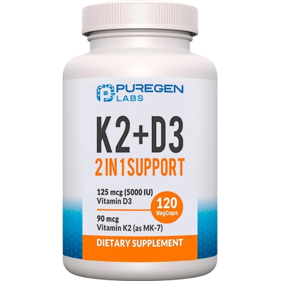 Puregen Labs Vitamin D3 & K2 (MK7) Complex - Bone and Heart Health Supplement  - 120 Capsules  - 1PK