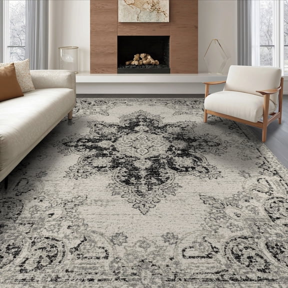 ODIKA 8'x10' Washable Area Rug Farmhouse Vintage Inspired Motif Featuring Symmetrical Desk Dining for Room, Large Office, Lounge, Non-Slip Chair-Friendly Mat