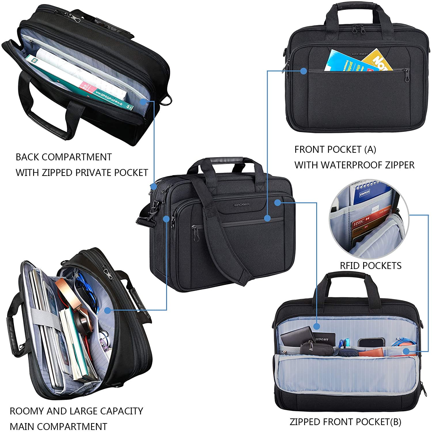 KROSER Shoulder Messenger Up to 17.3 Inch Laptop Bag Briefcase, Black