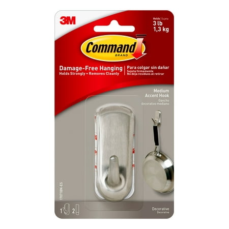 Command Medium Accent Hook, Brushed Nickel, 1 Hook, 2 Strips/Pack