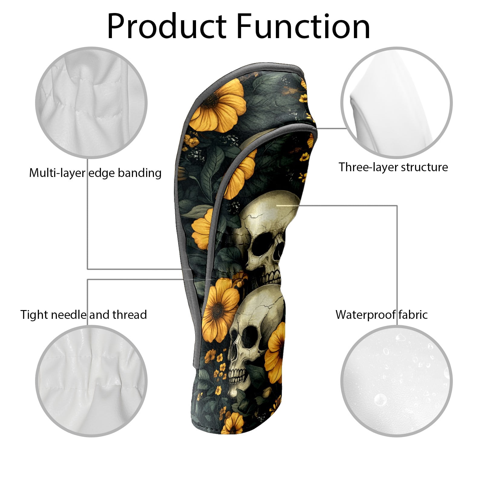 Golf Club Covers PU Leather Waterproof Head Covers for Fairway Woods Hybrids Yellow Flowers And Skulls