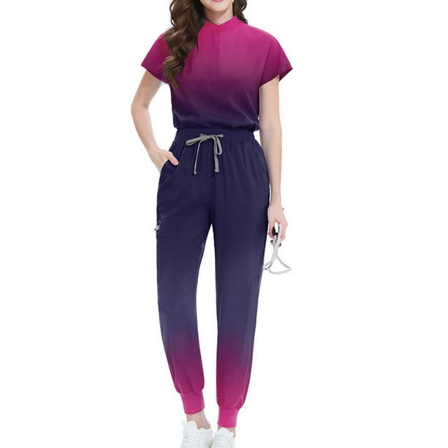 Haivin Women's Nursing Uniform Set, Solid Color Drawstring Pants with Pockets and Short Sleeve Stretch V-Neck Top, Comfortable Workwear for Healthcare and Daily Professional Use