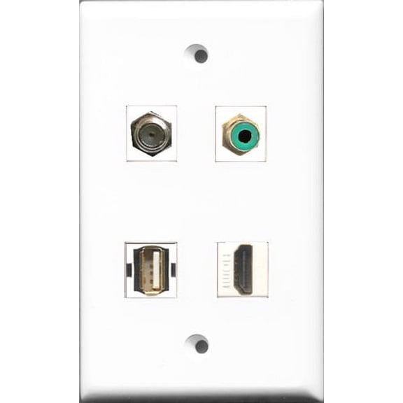 RiteAV 1 Port HDMI and 1 Port RCA Green and 1 Port Coax Cable TV- F-Type and 1 Port Shielded Cat6 Ethernet Wall Plate