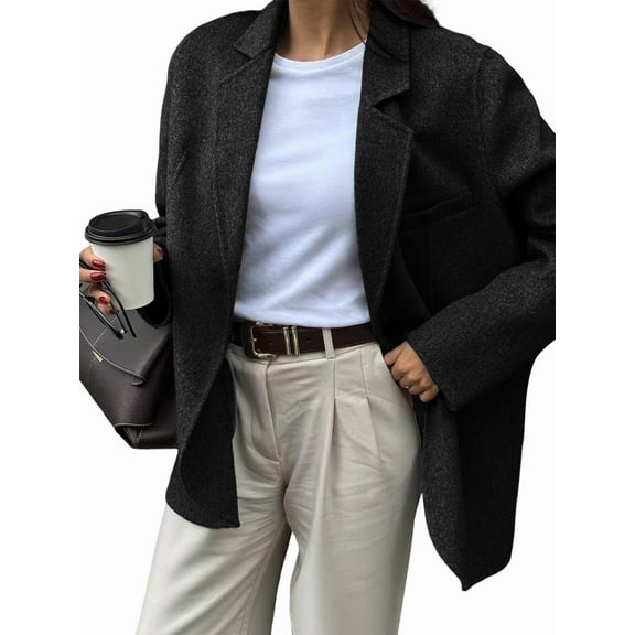 Blazer for Women Business Casual Long Sleeve Lapel Open Front Suit Jacket Work Blazer with Pockets Black M