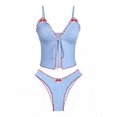 thumbnail image 1 of Set Tankini a cuadros vichy sin costuras con volantes para mujer, color azul cielo, talla M, 1 of 4