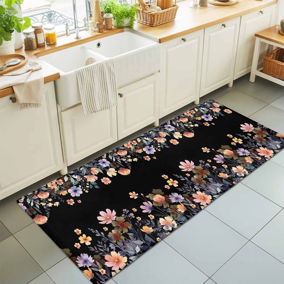 Hallway Runner Rug 2'x6', Black Spring Floral Kitchen Runner Rugs Non-Slip Carpet Mats, Elegant Flowers Farmhouse Botanical Bedside Rugs Runners Washable Floor Carpet for Bathroom Laundry Room