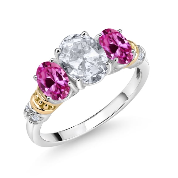 Gem Stone King 925 Sterling Silver and 10K Yellow Gold Oval White Topaz Pink Created Sapphire and White Diamond 3 Stone Ring for Women (2.53 Cttw, Gemstone November Birthstone, Size 6)