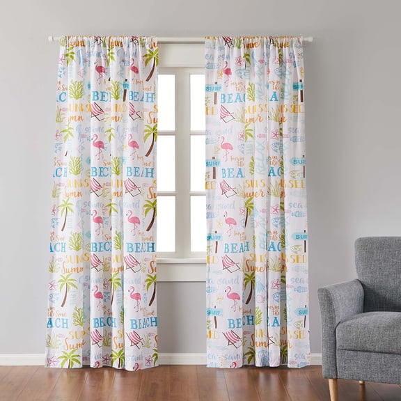 Levtex Home - Beach Days - Drape Panel (55x84in.) with Rod Pocket - Coastal Beach - Teal, Blue, Yellow, Brown and Pink.
