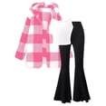 thumbnail image 2 of JIAYUE Girls Outfit Set Plaid Long Sleeve Jacket Sleeveless Top Black Flared Pants 3 Piece Set For Kids 8 To 12 Years Old Autumn Winter Wear, 2 of 9