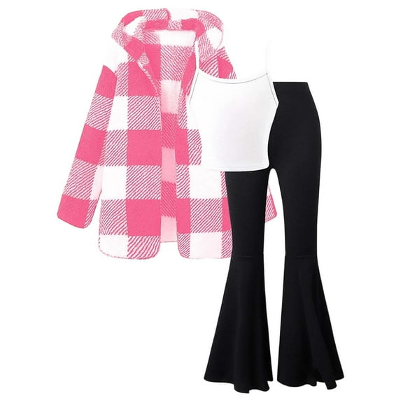 RTKFRFLM Christmas Girls Outfits Sets Winter Plaid Jacket With Sleeveless Top Flared Pants Outfit Casual 2 Piece Coordinated Toddler Fall Winter Seasons Casual Wear Clothing Sets,Size 7-8 Years