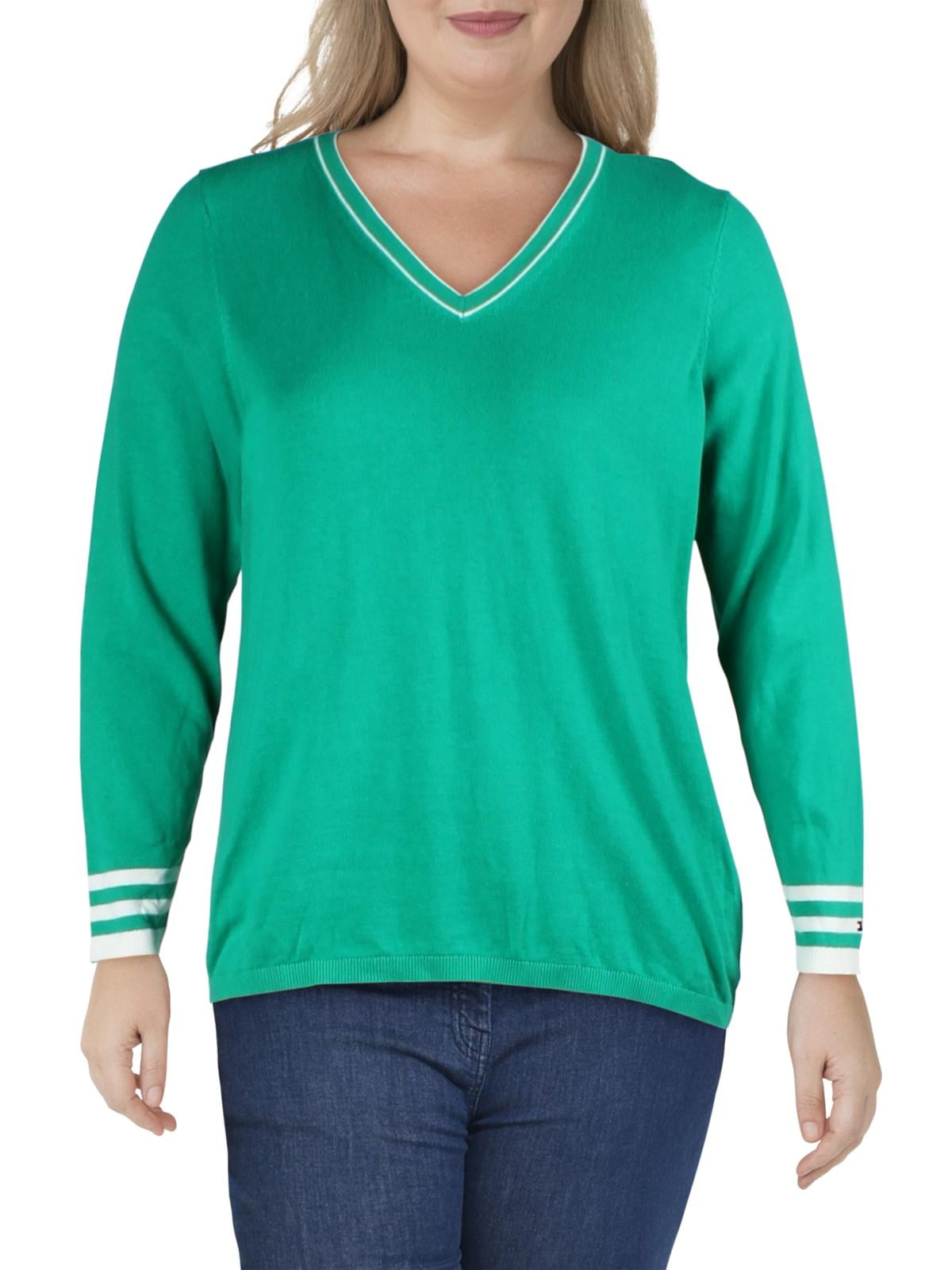 Tommy Hilfiger Womens Cotton V-Neck Pullover Sweater Green 1X - Walmart.com