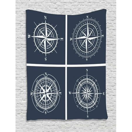 Navy Blue And White Decor Compass Tapestry, White Compasses with Navy Blue Background Navigation Sailing Themed Art, Wall Hanging for Bedroom Living Room Dorm Decor, Navy Blue and White, by Ambesonne ()