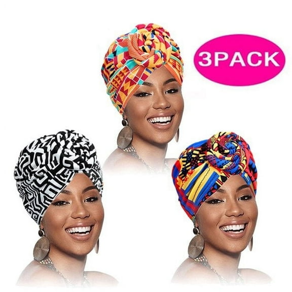 African Head Wrap Headbands for Women Turbans Hair Wraps Pre-Tied Pattern Bonnet Turban Knot Beanie Cover Hat 3 Pcs