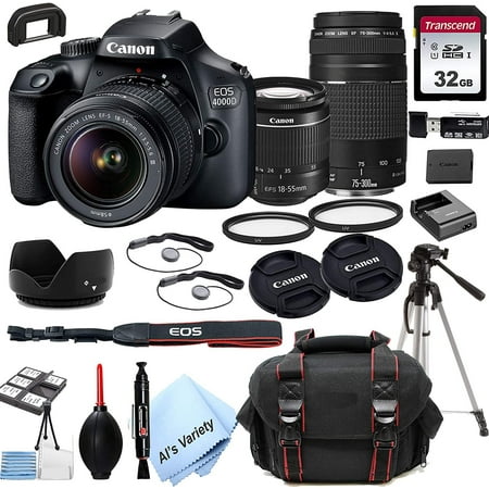 Canon EOS 4000D / Rebel T100 DSLR Camera with 18-55mm f/3.5-5.6 Zoom Lens + 75-300mm F/4-5.6 III Lens + 32GB Card Tripod Case and More 24pc Bundle (International Version)
