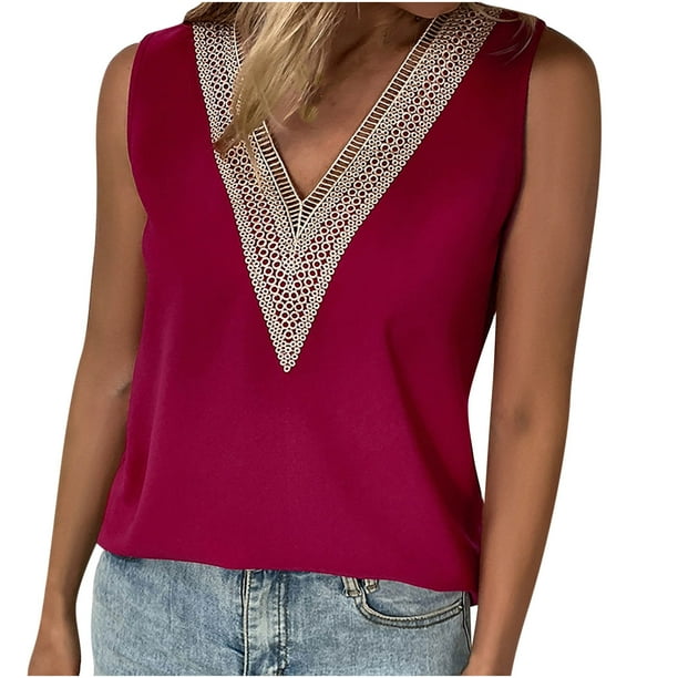 Camiseta Sin Mangas Para Mujer Camisetas Sin Mangas Moda Casual Color Sólido Cuello en V Encaje Costura Chaleco Y Tops Odeerbi ODB168896
