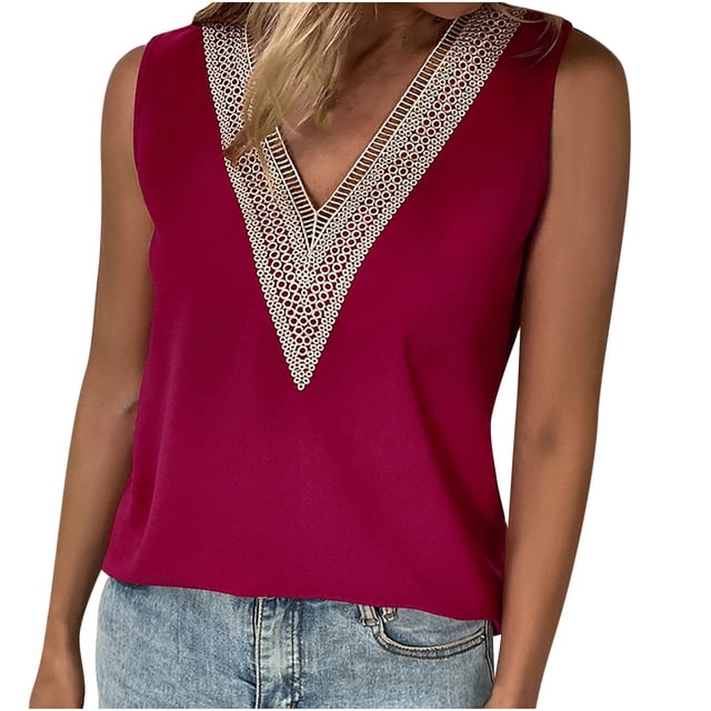 Camiseta Sin Mangas Para Mujer Camisetas Sin Mangas Moda Casual Color Sólido Cuello en V Encaje Costura Chaleco Y Tops Odeerbi ODB168897