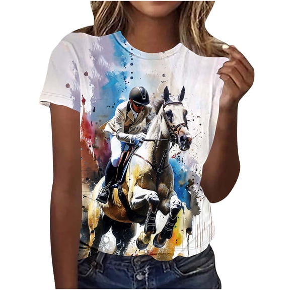 Nfurl Graphic Tees Women Short Sleeve Horse Racing Print T Shirts for Women Casual Crew Neck Pullover Going Out Tops Funny Plus Size Top White,Size L
