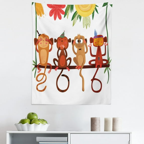 Monkey Tapestry, Cartoon Style Illustration with Animals Sitting on a Branch on Flowers Background, Fabric Wall Hanging Decor for Bedroom Living Room Dorm, 5 Sizes, Multicolor, by Ambesonne