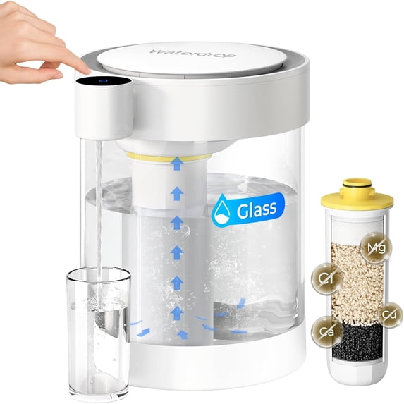 Restored Waterdrop Glass Large 22-Cup Rechargeable Water Filter Dispenser, 5-Stage Soften Water Pitcher, with 1 Filter (Refurbished)