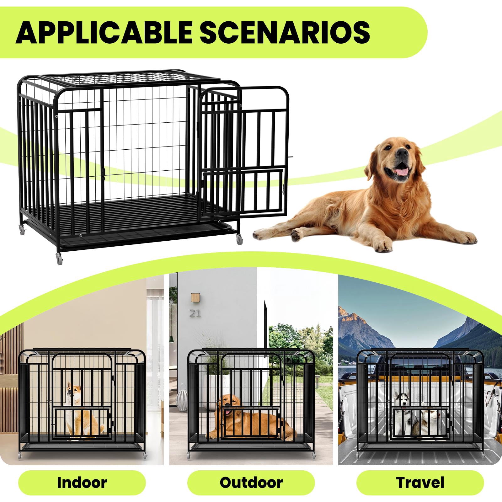 42in Heavy Duty Dog Crate for Large Dogs, Dog Kennel Indoor with Removable Tray and Lockable Wheels, Easy to Clean, XL Dog Cage for Large and Medium Dogs