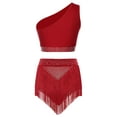 thumbnail image 2 of Kaerm 2-pieces Women Lyrical Dance Contemporary Outfit One Shoulder Crop Tops with Tassel Built in Briefs Skirted Burgundy XXL, 2 of 7