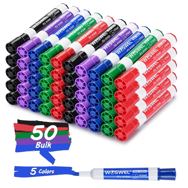 WOSWEL Dry Erase Markers, Chisel Tip Whiteboard Markers, Low Odor Thick Dry Markers, 50 Bulk 5 Assorted Colors (Black/Blue/Red/Green/Purple) for Teac