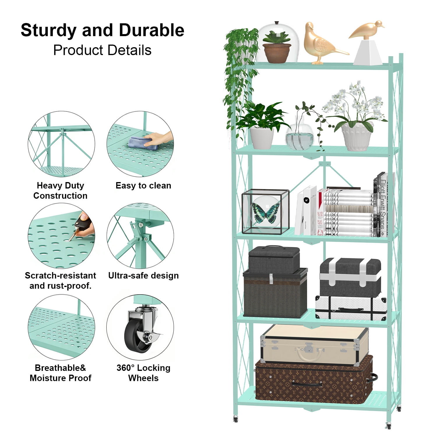5 Tier Foldable Shelf with Wheels, Portable Carbon Steel No Assembly Organizer, Collapsible Rolling Standing Utility Storage Rack for Kitchen Pantry Office, Green