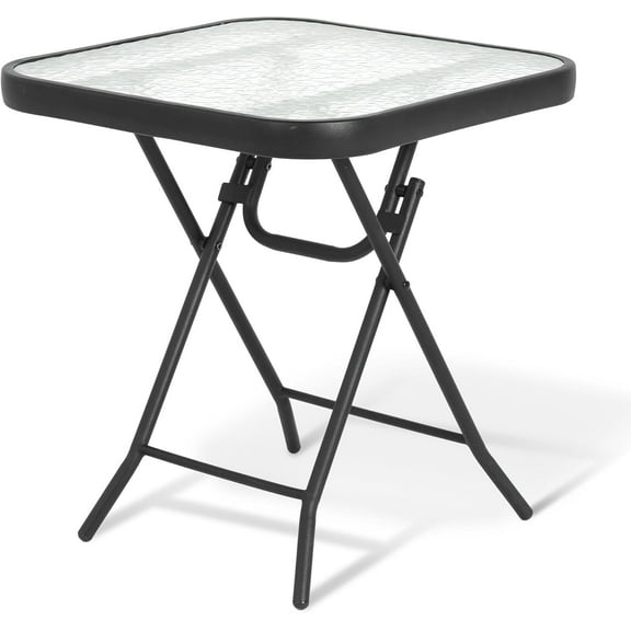 Folding Outdoor Side Table -Patio End Bistro Tables Portable Small 17.5" Square Tempered Glass Top Waterproof Dining Coffee Metal Black