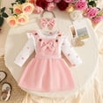 thumbnail image 2 of ZHOGXU Baby Girls Heart Printed Outfit Long Sleeve Top Suspender Bowknot Skirts Matching Bow Headband 3PCS Set For Kids,Pink,3-6 Months, 2 of 5