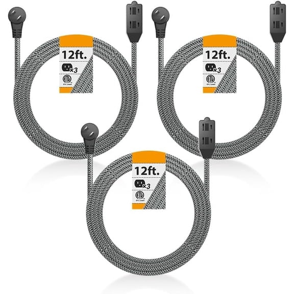oviitech 2 Prong Extension Cord 12FT, 3-Socket Power Strip, Flat Plug Braided Cord, Indoor Gray/Black, 3 Pack