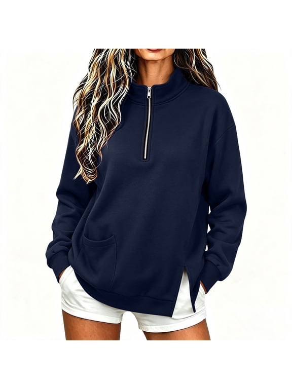 Womens Half Zip Pullover Sweatshirts Casual Long Sleeve Stand Collar Shirts Workout Loose Solid Color Tops