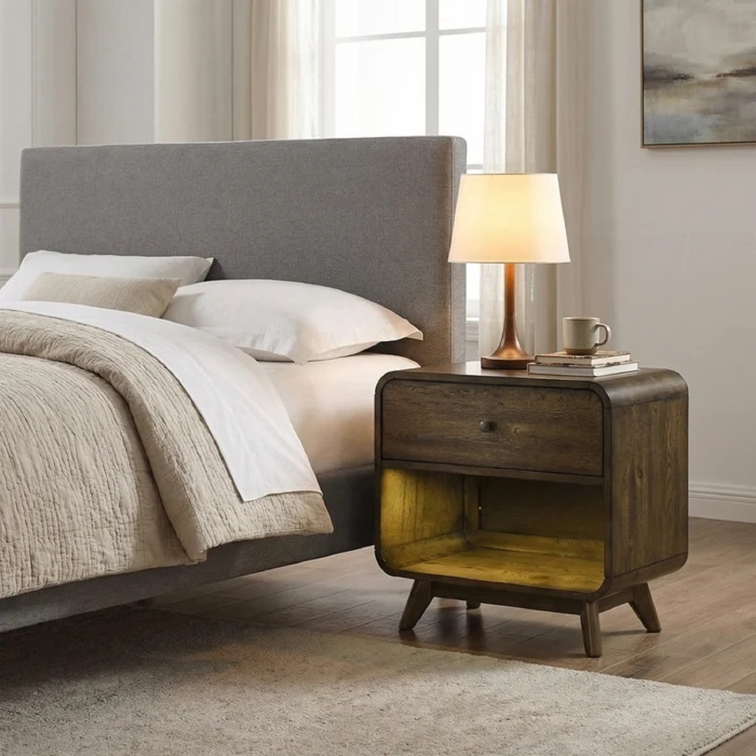 Nightstand LED Lights Side Glide Angled Legs Rustic Oak Finish Bedroom Furniture