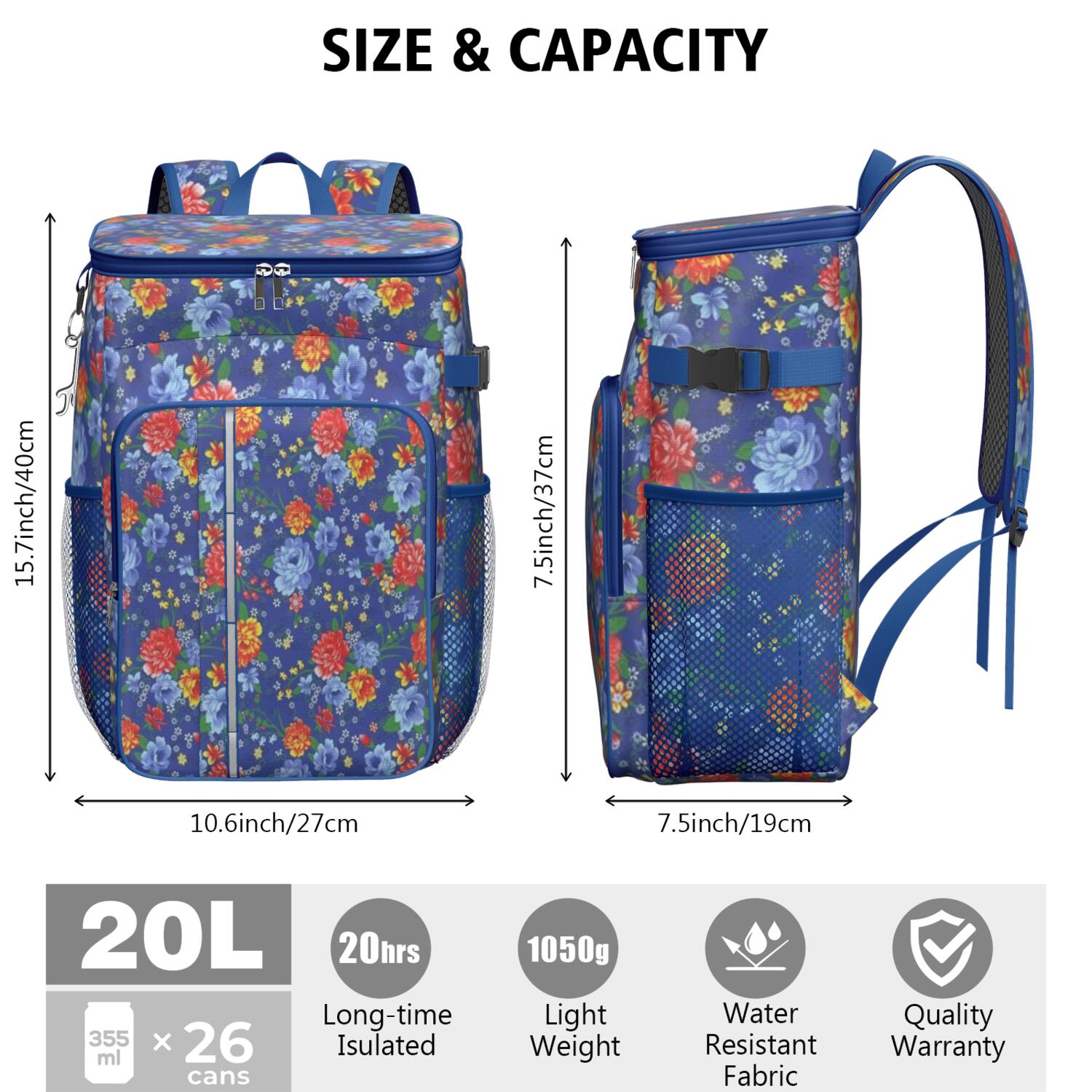 Travel Cooler Bag - Pioneer Flower Floral Print Pattern Camping Beer Cooler Backpack with Bottle Opener- Waterproof Insulated Picnic Backpacks - Cooler Bag for Beach