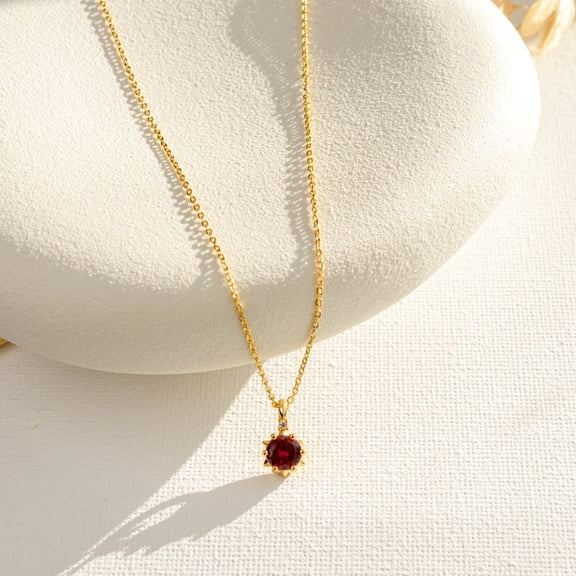 Sterling Silver Gold-Plated Pendant Necklace for Women, Red Ruby Round Solitaire