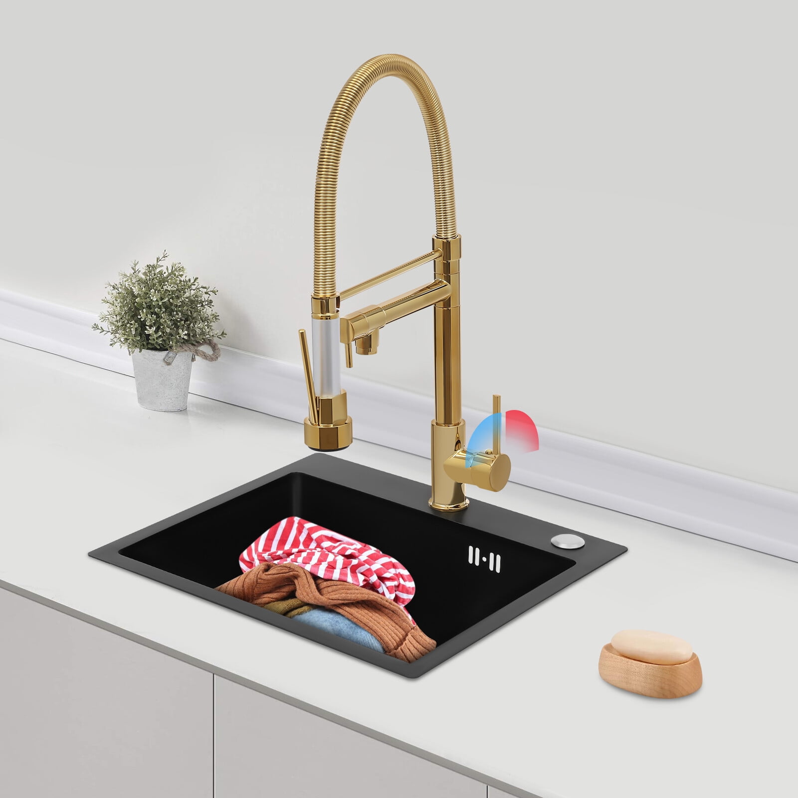 Kitchen Sink Single Handle Stainless Steel Faucet with Pull Down Sprayer(Titanium Gold)