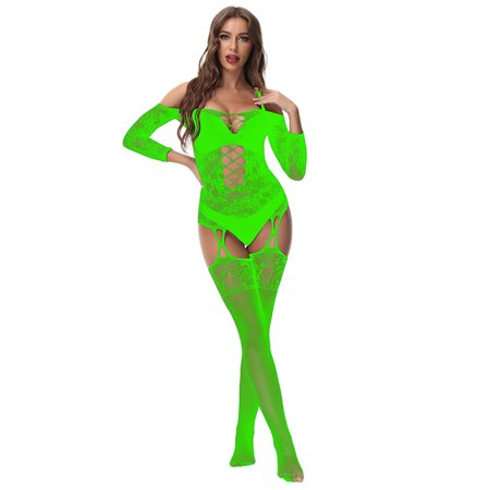 

Uorcsa Bedroom Suspender Hollow Lingerie Bodysuit Fishnet Tights for Women Green