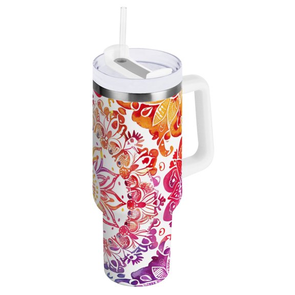 JSTEL Rainbow Mandala Watercolor 40 oz Tumbler Stainless Steel Water Bottle Vacuum Insulated Cup with Straw Lid & Handle For Travel Car Cup Holder