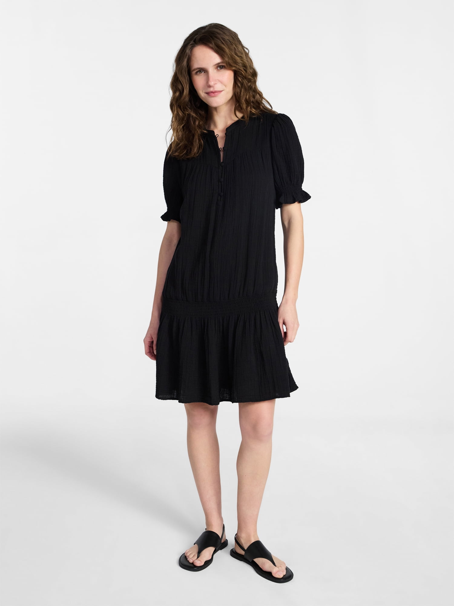 Time and Tru Women's Cotton Double Cloth Drop Waist Mini Dress with Puff Sleeves, Sizes XS-XXXL